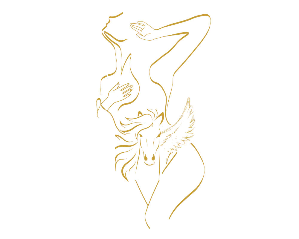 Goldene Zeichnung einer tanzenden Frau.