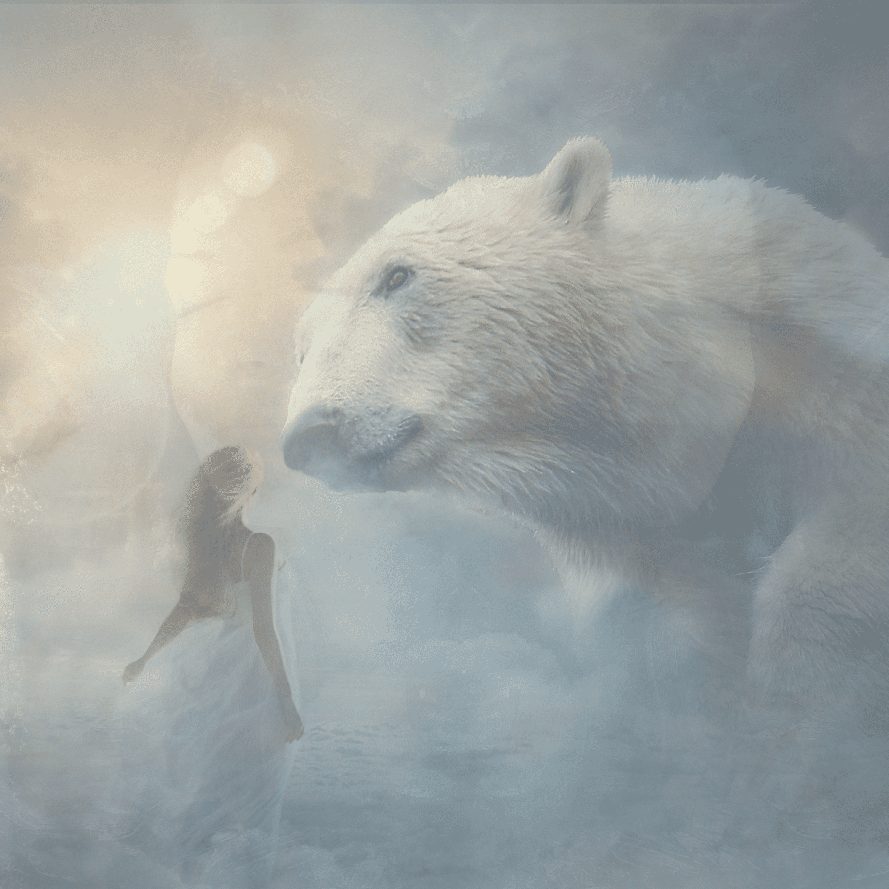 Surreales Bild mit Frau und Eisbär.